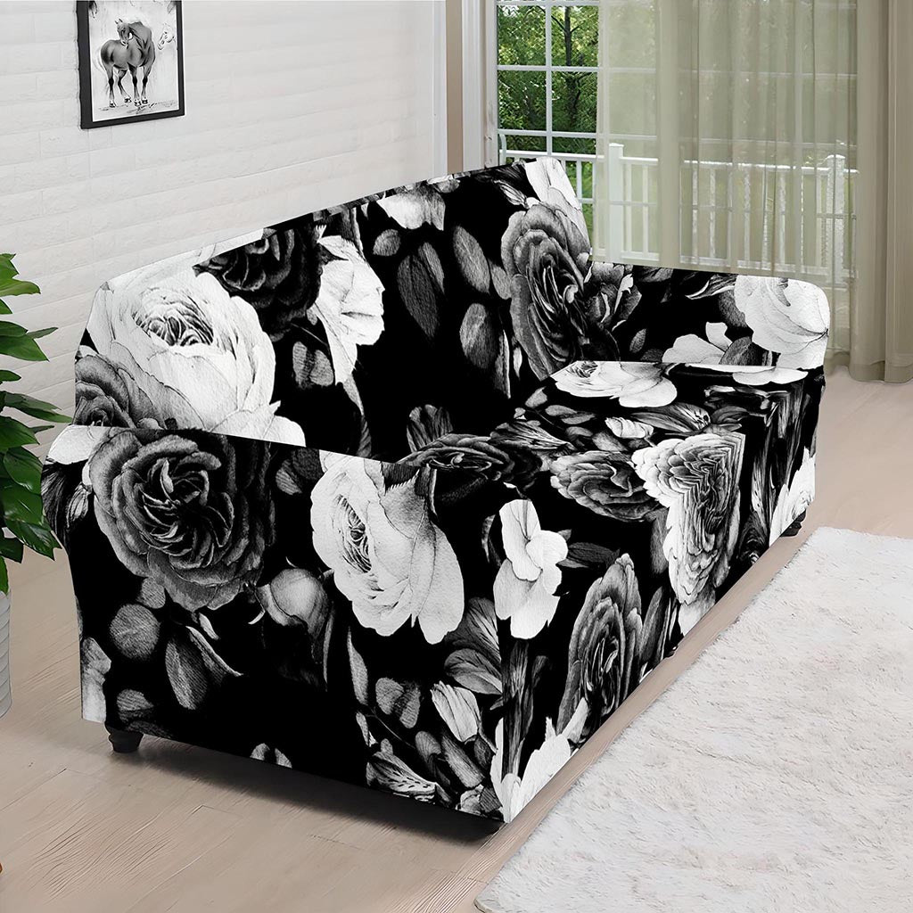 Black White Rose Floral Pattern Print Sofa Cover