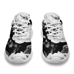 Black White Rose Floral Pattern Print Sport Shoes GearFrost