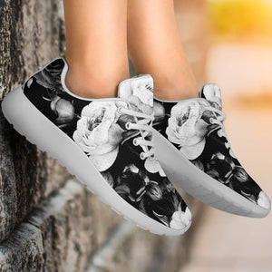 Black White Rose Floral Pattern Print Sport Shoes GearFrost