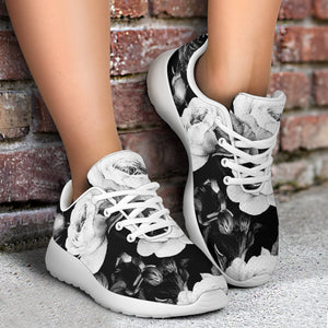 Black White Rose Floral Pattern Print Sport Shoes GearFrost