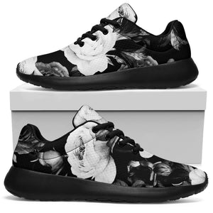 Black White Rose Floral Pattern Print Sport Shoes GearFrost