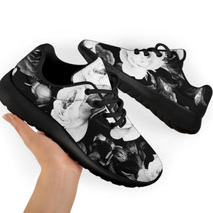 Black White Rose Floral Pattern Print Sport Shoes GearFrost