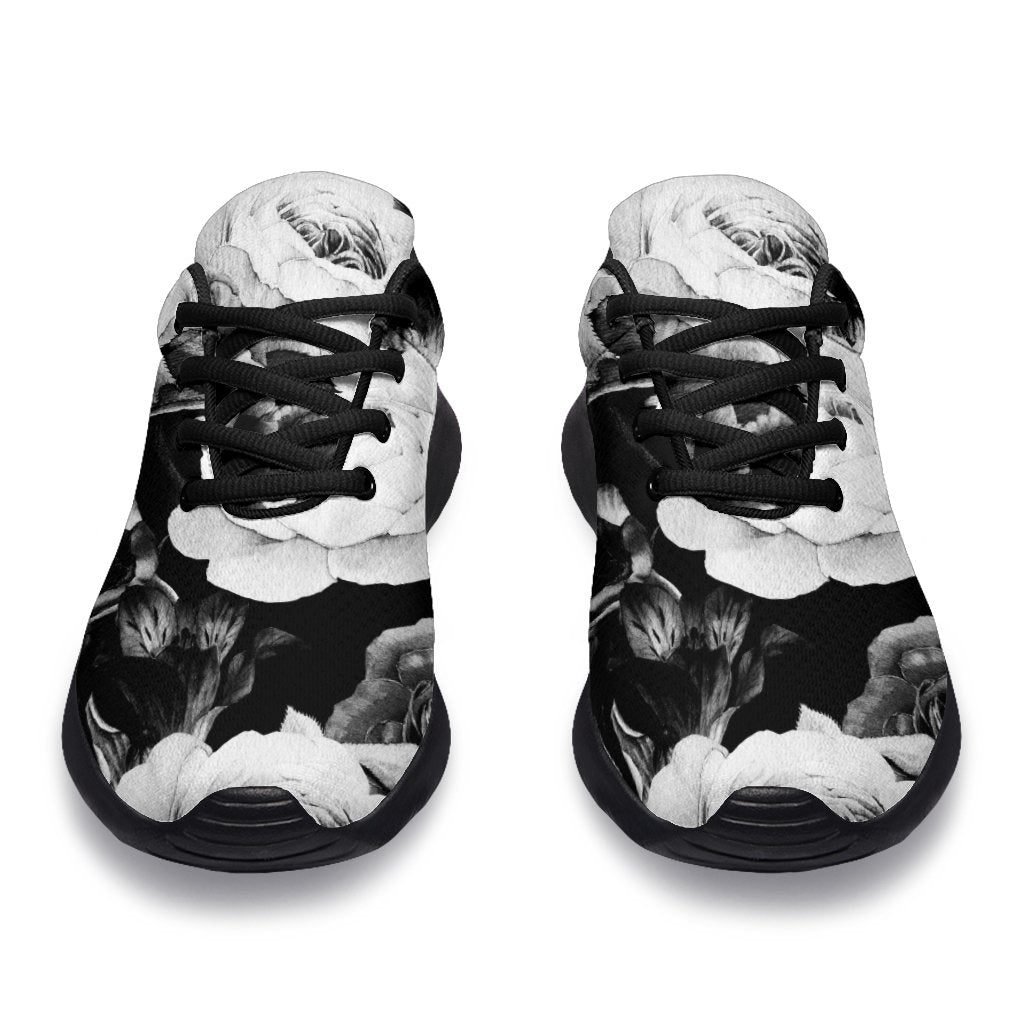 Black White Rose Floral Pattern Print Sport Shoes GearFrost