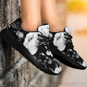 Black White Rose Floral Pattern Print Sport Shoes GearFrost