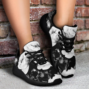 Black White Rose Floral Pattern Print Sport Shoes GearFrost