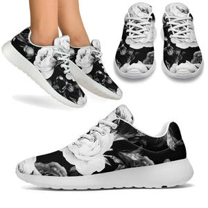 Black White Rose Floral Pattern Print Sport Shoes GearFrost