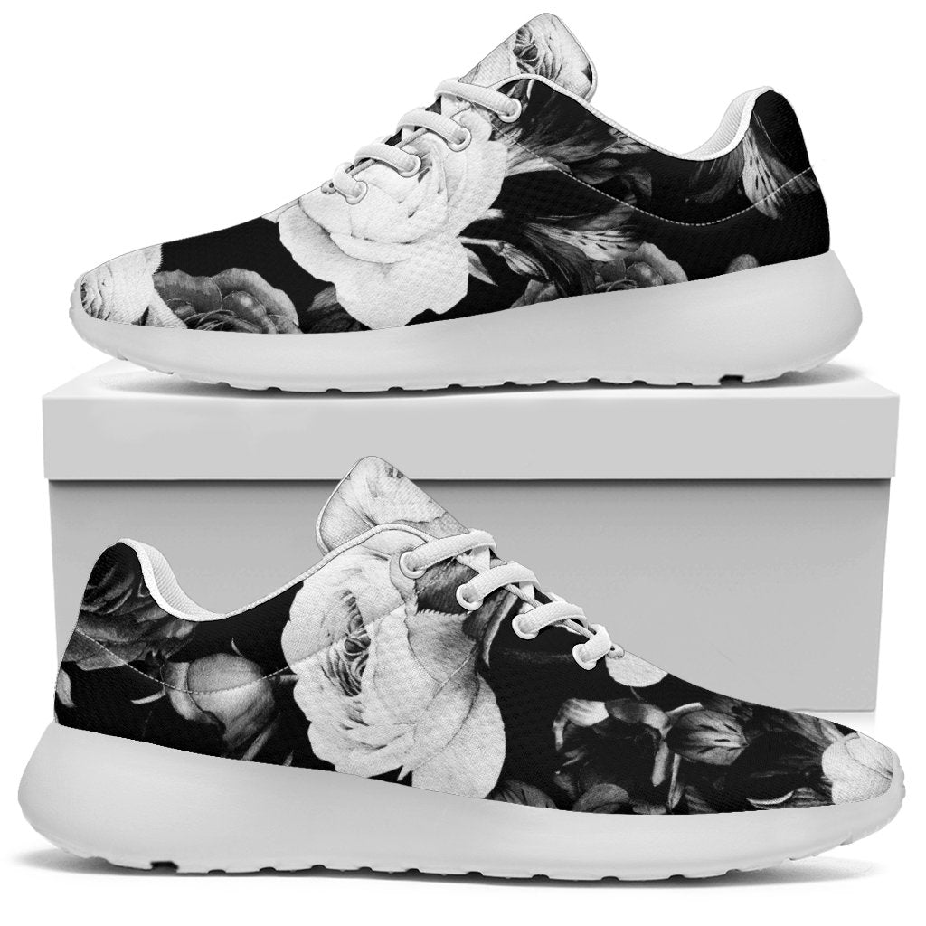 Black White Rose Floral Pattern Print Sport Shoes GearFrost