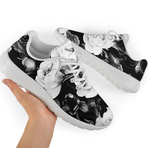 Black White Rose Floral Pattern Print Sport Shoes GearFrost