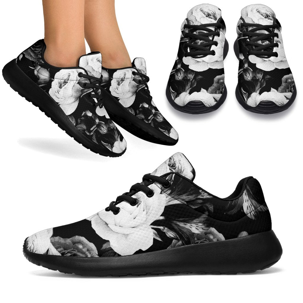 Black White Rose Floral Pattern Print Sport Shoes GearFrost