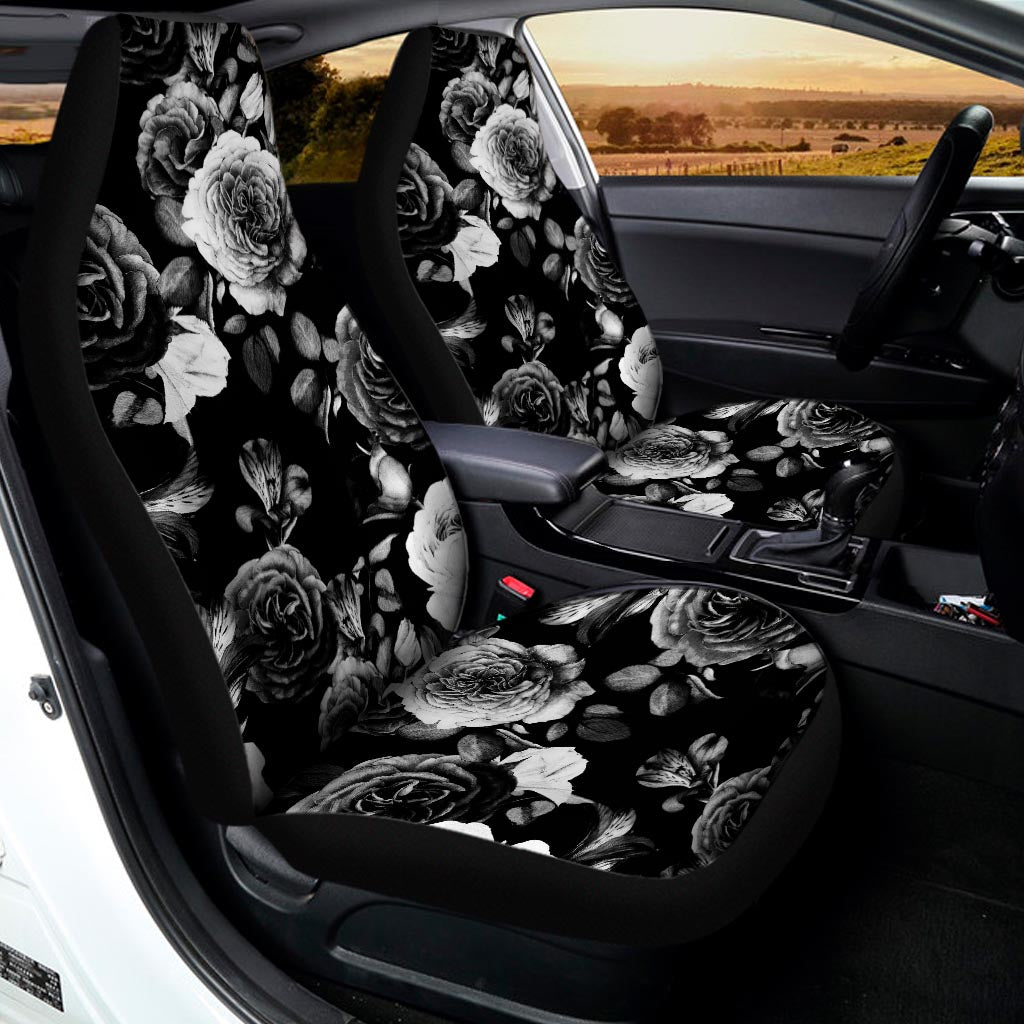 Black White Rose Floral Pattern Print Universal Fit Car Seat Covers