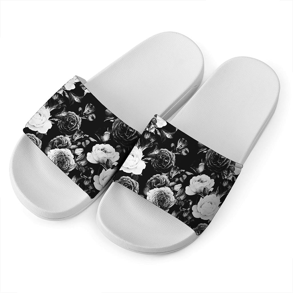 Black White Rose Floral Pattern Print White Slide Sandals