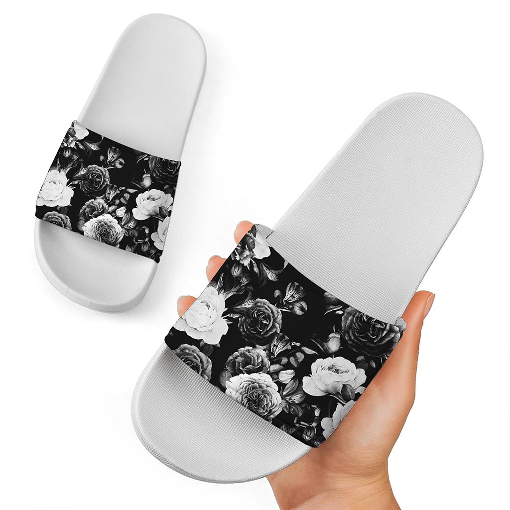 Black White Rose Floral Pattern Print White Slide Sandals