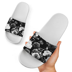 Black White Rose Floral Pattern Print White Slide Sandals