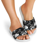 Black White Rose Floral Pattern Print White Slide Sandals