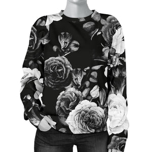 Black White Rose Floral Pattern Print Women's Crewneck Sweatshirt GearFrost