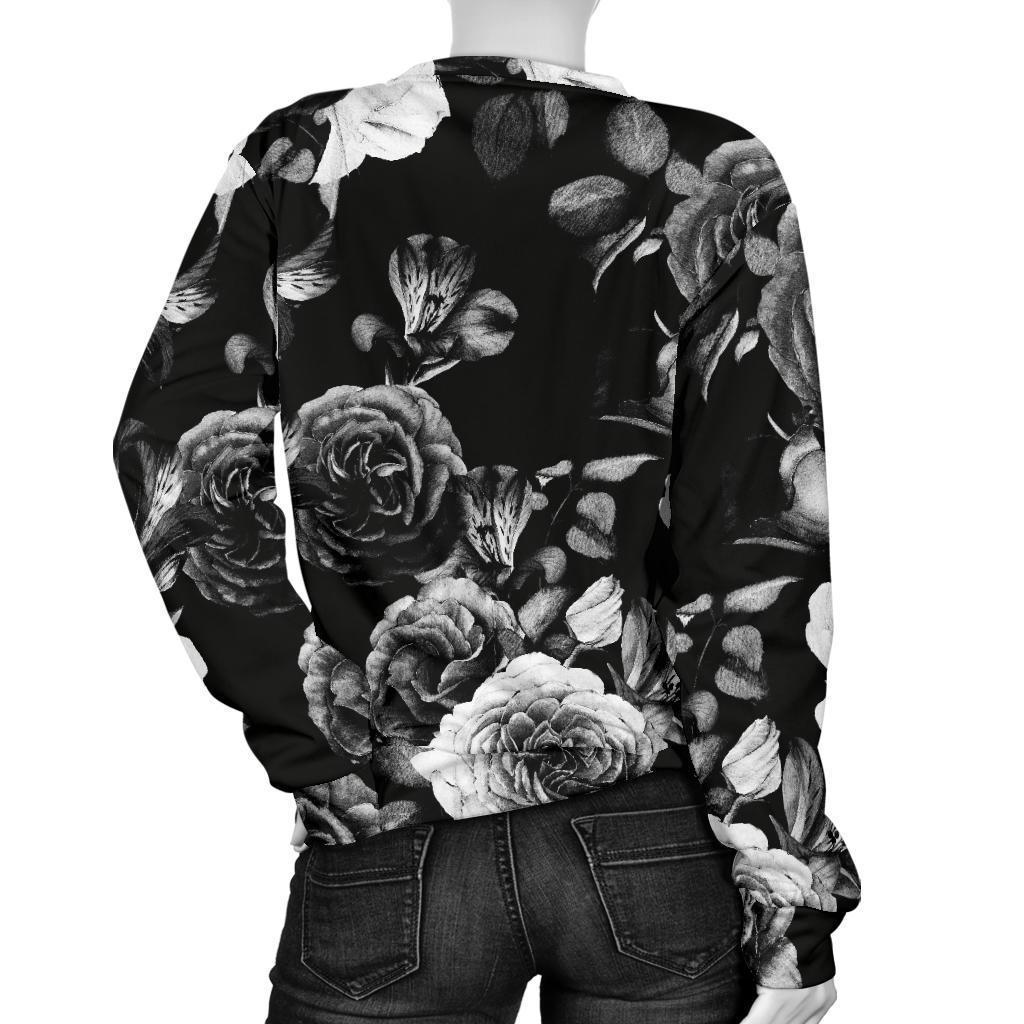 Black White Rose Floral Pattern Print Women's Crewneck Sweatshirt GearFrost