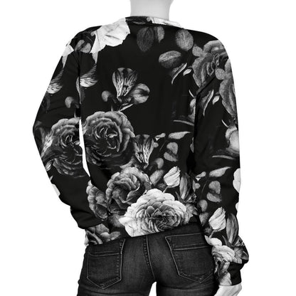 Black White Rose Floral Pattern Print Women's Crewneck Sweatshirt GearFrost