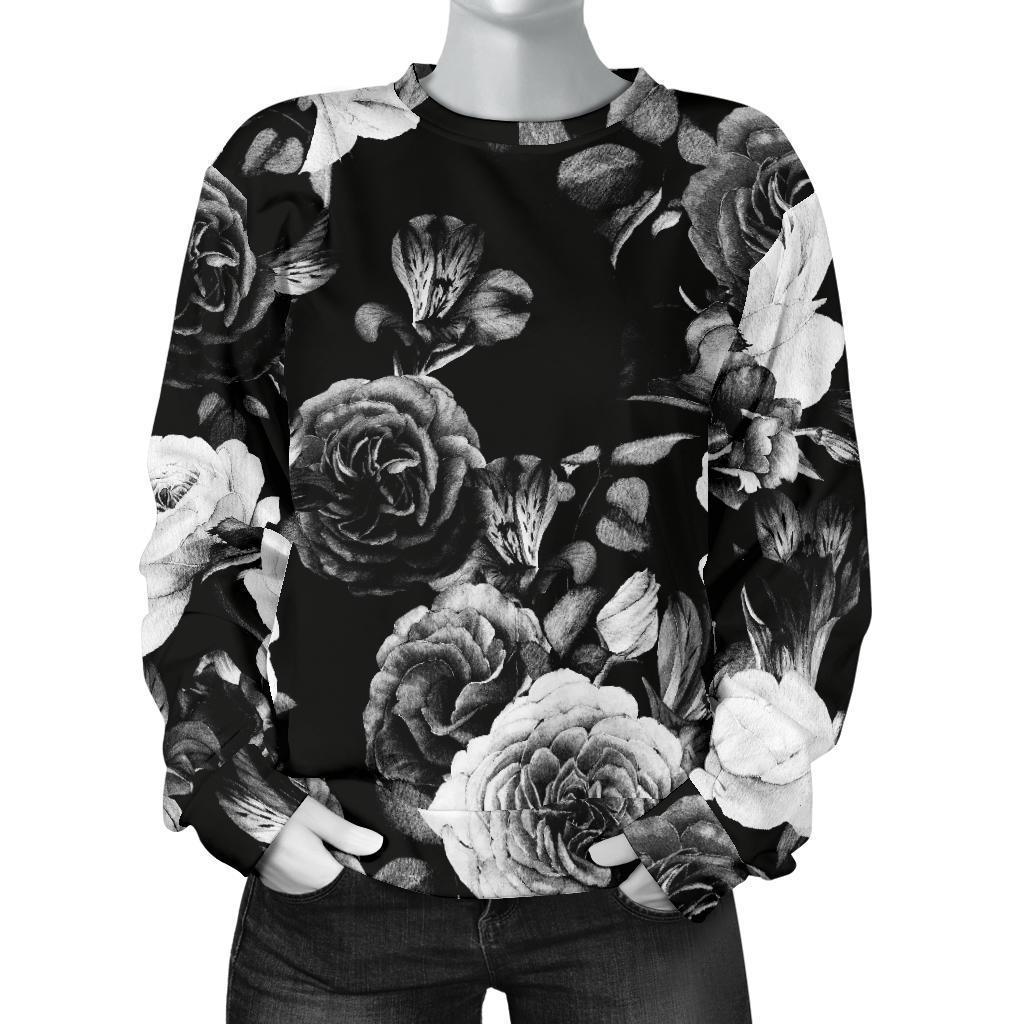 Black White Rose Floral Pattern Print Women's Crewneck Sweatshirt GearFrost