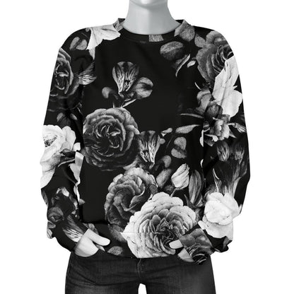 Black White Rose Floral Pattern Print Women's Crewneck Sweatshirt GearFrost