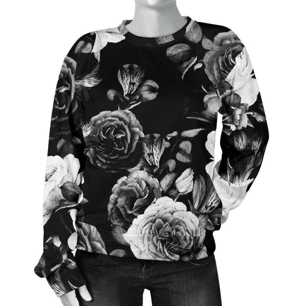 Black White Rose Floral Pattern Print Women's Crewneck Sweatshirt GearFrost