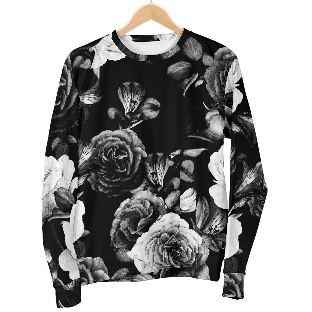 Black White Rose Floral Pattern Print Women's Crewneck Sweatshirt GearFrost