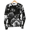 Black White Rose Floral Pattern Print Women's Crewneck Sweatshirt