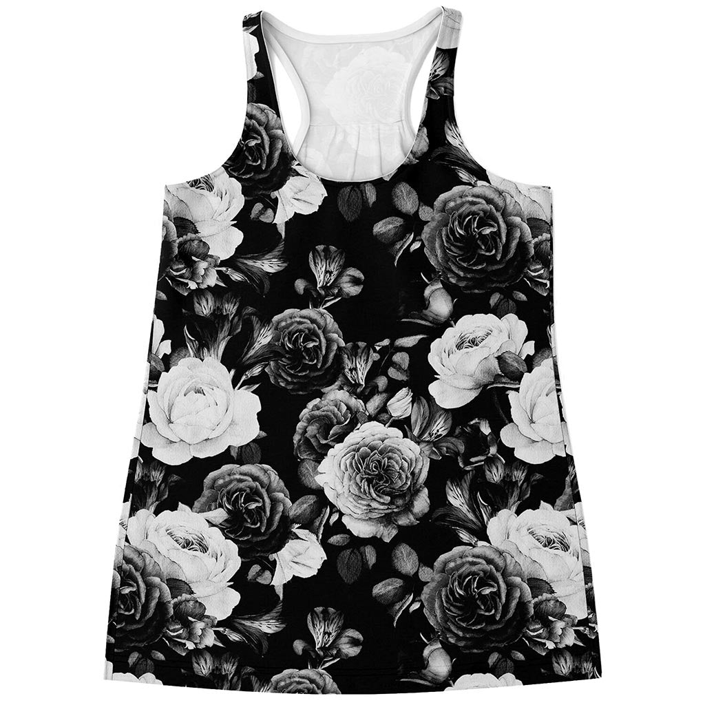 Black White Rose Floral Pattern Print Women's Racerback Tank Top