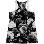 Black White Rose Floral Pattern Print Women's Racerback Tank Top