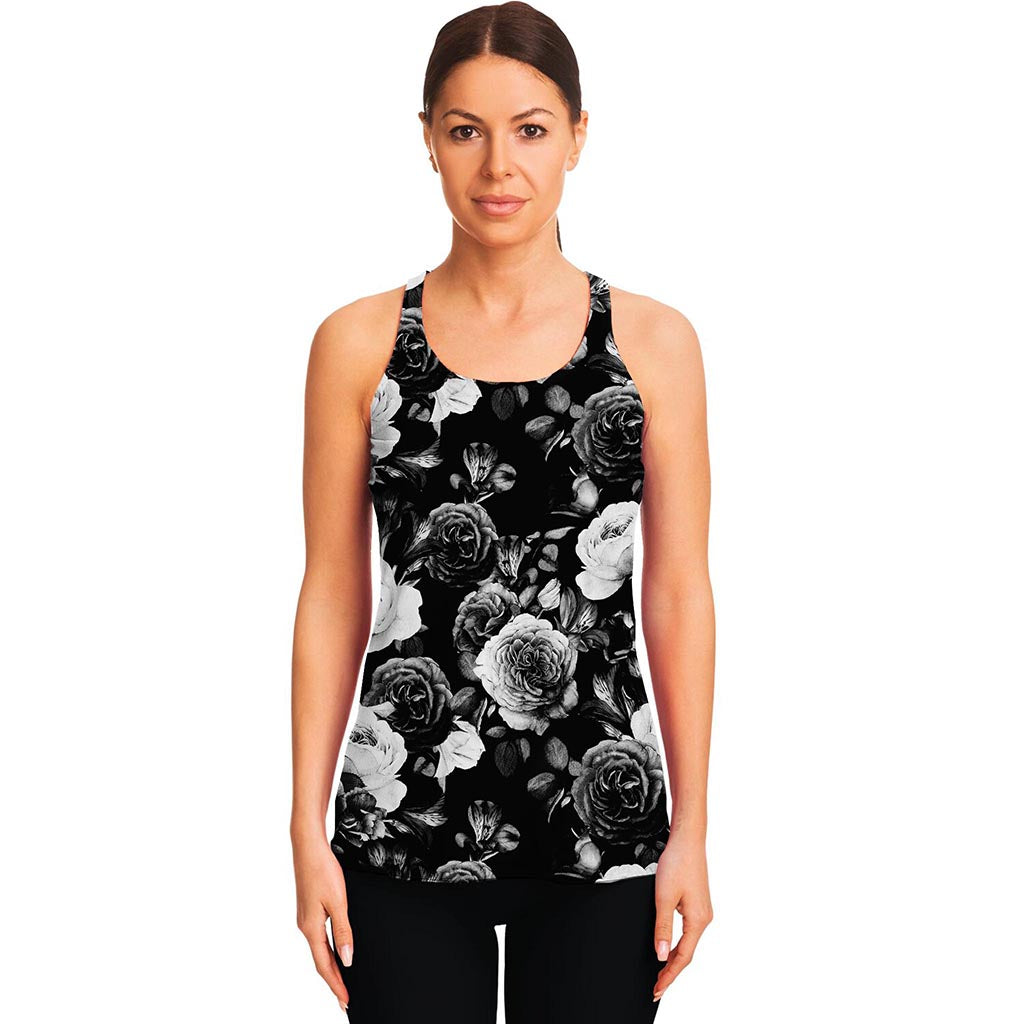 Black White Rose Floral Pattern Print Women's Racerback Tank Top