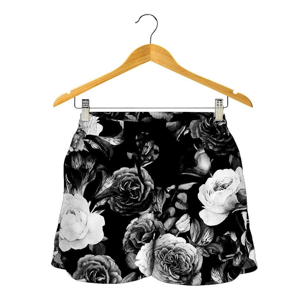 Black White Rose Floral Pattern Print Women's Shorts