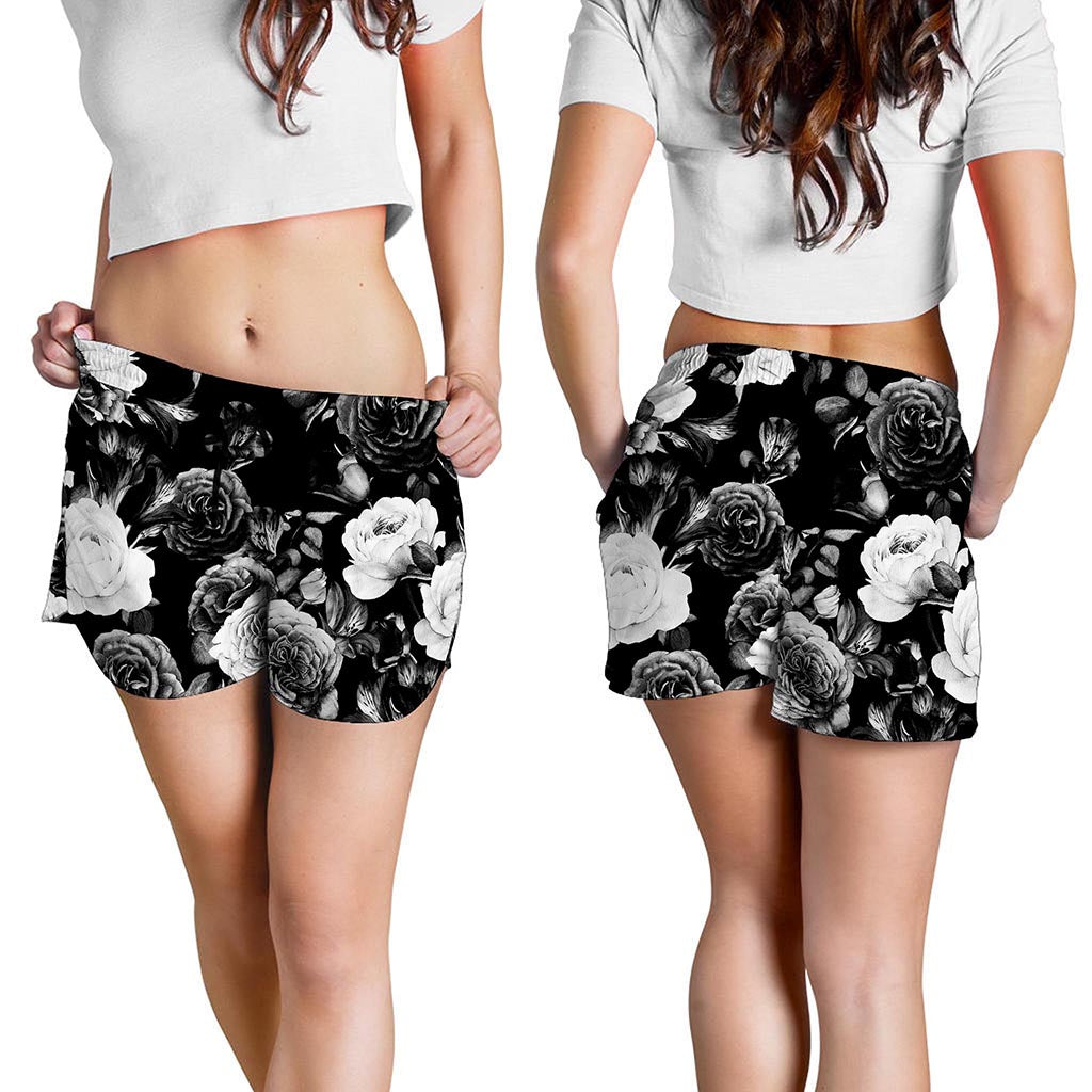 Black White Rose Floral Pattern Print Women's Shorts