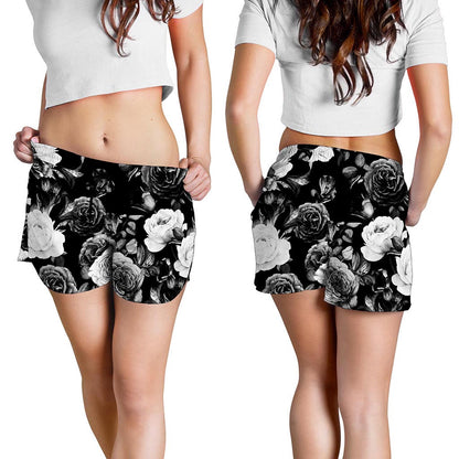 Black White Rose Floral Pattern Print Women's Shorts