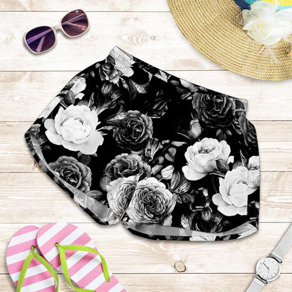 Black White Rose Floral Pattern Print Women's Shorts