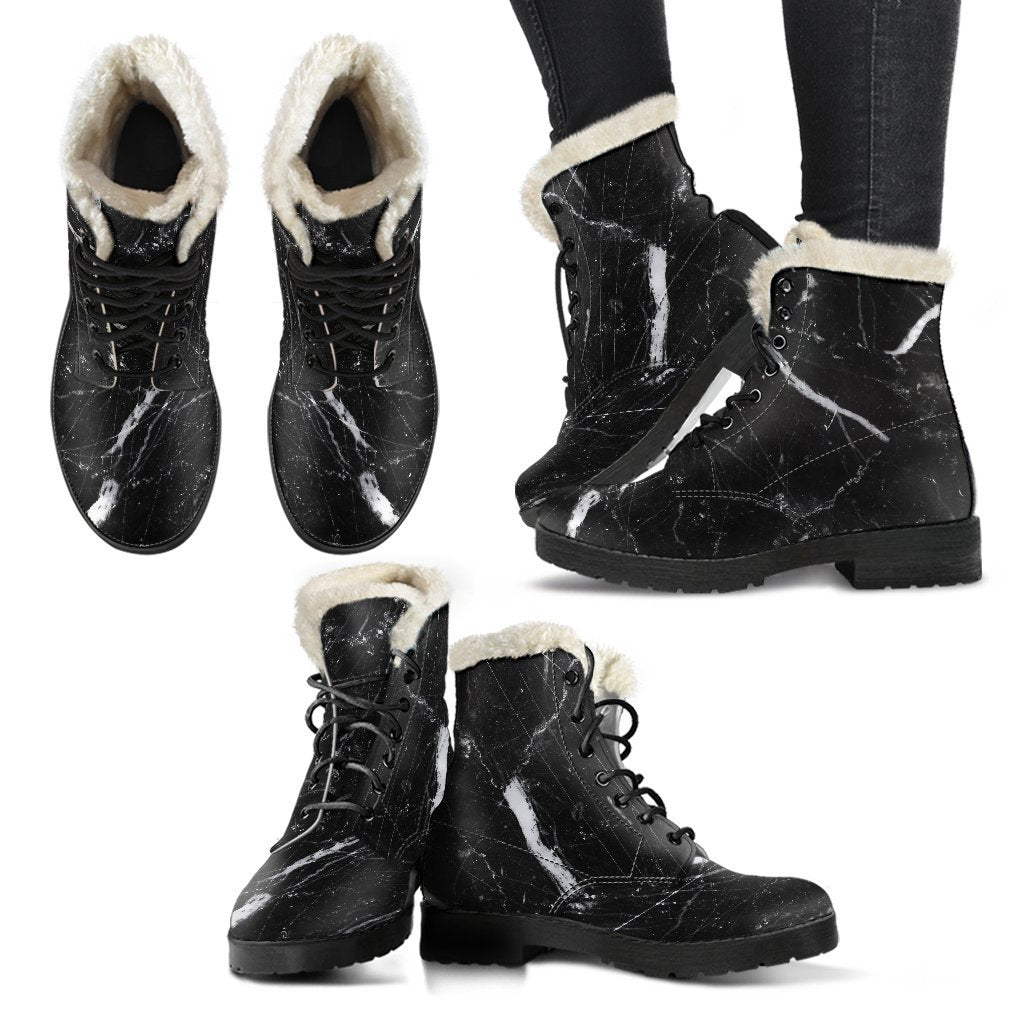 Black White Scratch Marble Print Comfy Boots GearFrost