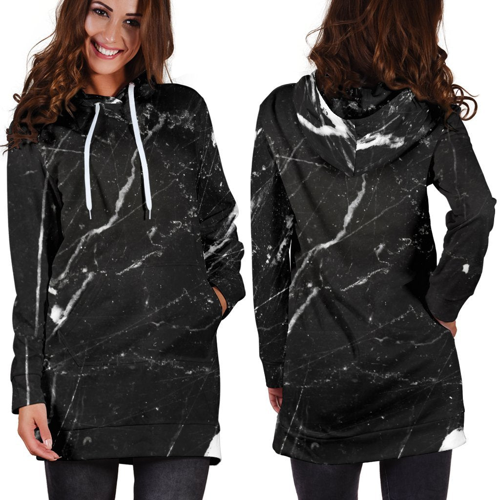 Black White Scratch Marble Print Hoodie Dress GearFrost