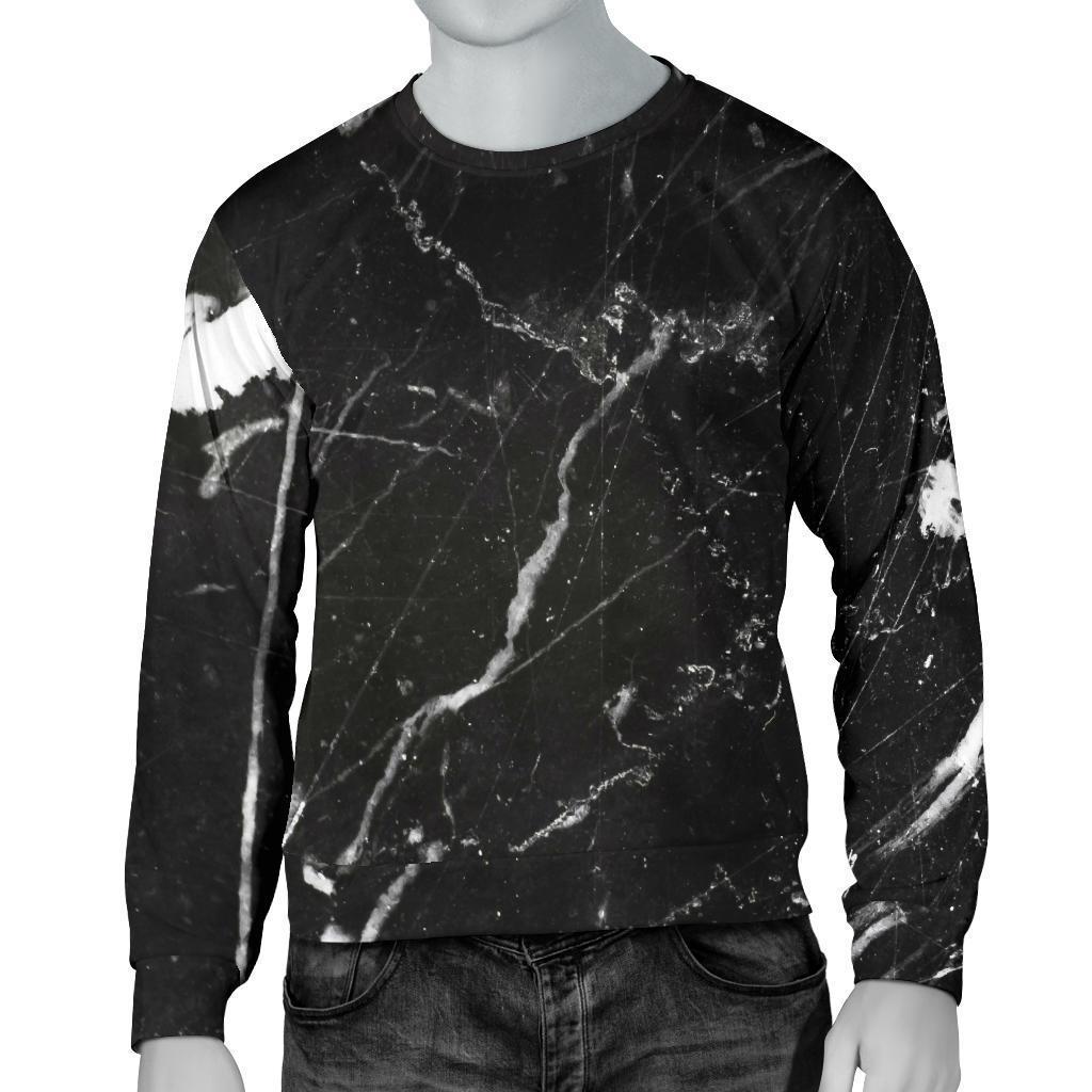 Black White Scratch Marble Print Men's Crewneck Sweatshirt GearFrost