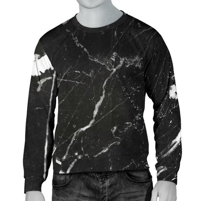 Black White Scratch Marble Print Men's Crewneck Sweatshirt GearFrost