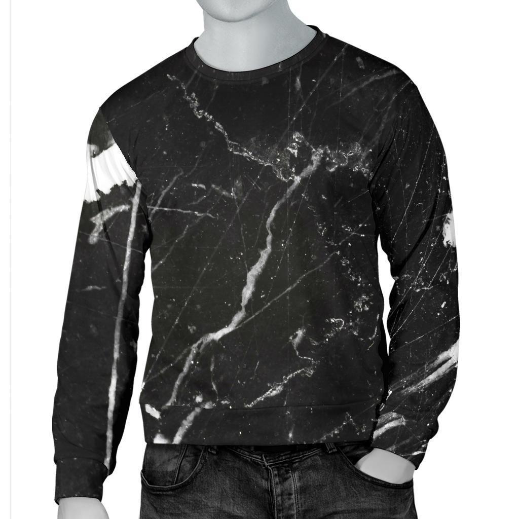 Black White Scratch Marble Print Men's Crewneck Sweatshirt GearFrost