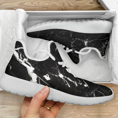 Black White Scratch Marble Print Mesh Knit Shoes GearFrost