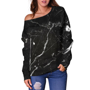 Black White Scratch Marble Print Off Shoulder Sweatshirt GearFrost