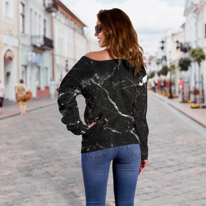 Black White Scratch Marble Print Off Shoulder Sweatshirt GearFrost