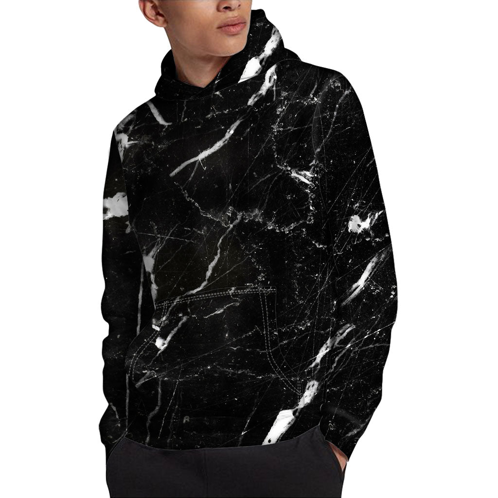 Black White Scratch Marble Print Pullover Hoodie