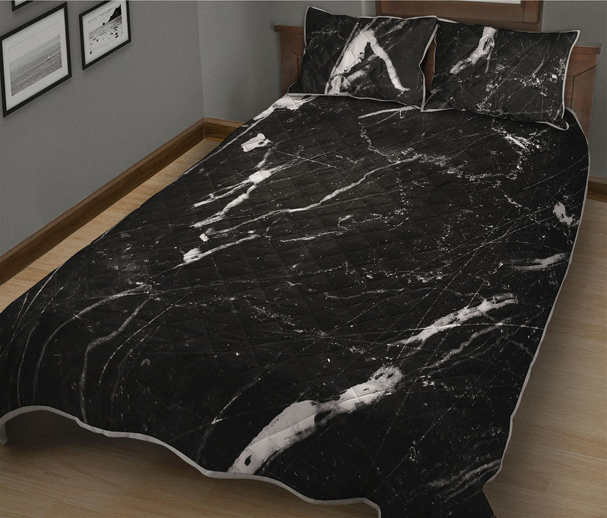 Black White Scratch Marble Print Quilt Bed Set