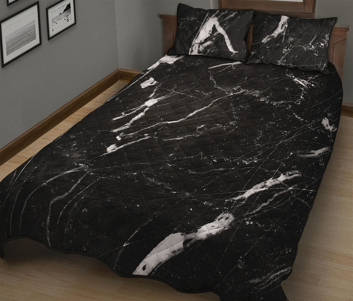 Black White Scratch Marble Print Quilt Bed Set