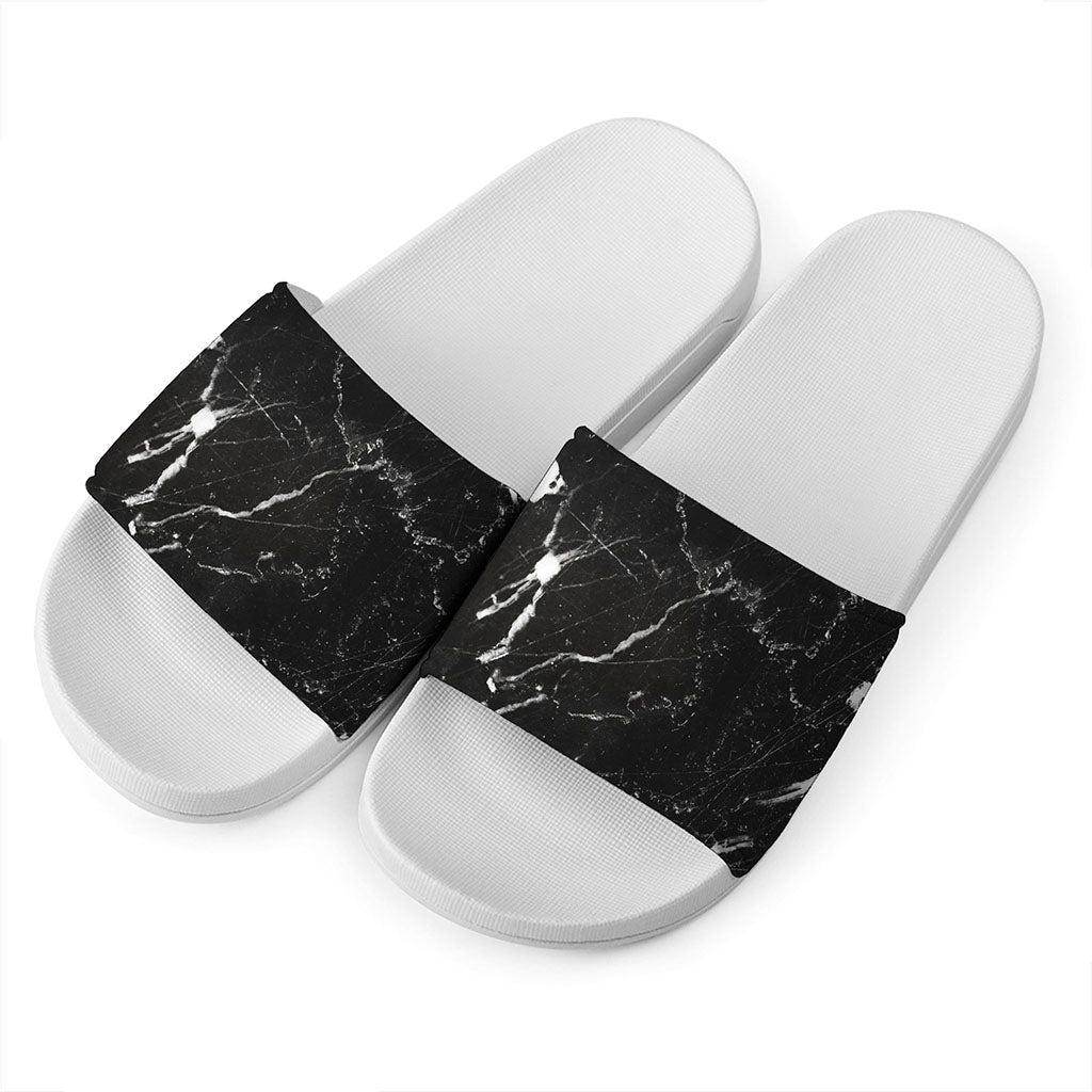 Black White Scratch Marble Print White Slide Sandals