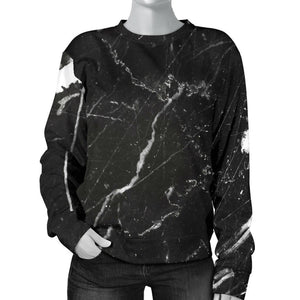 Black White Scratch Marble Print Women's Crewneck Sweatshirt GearFrost