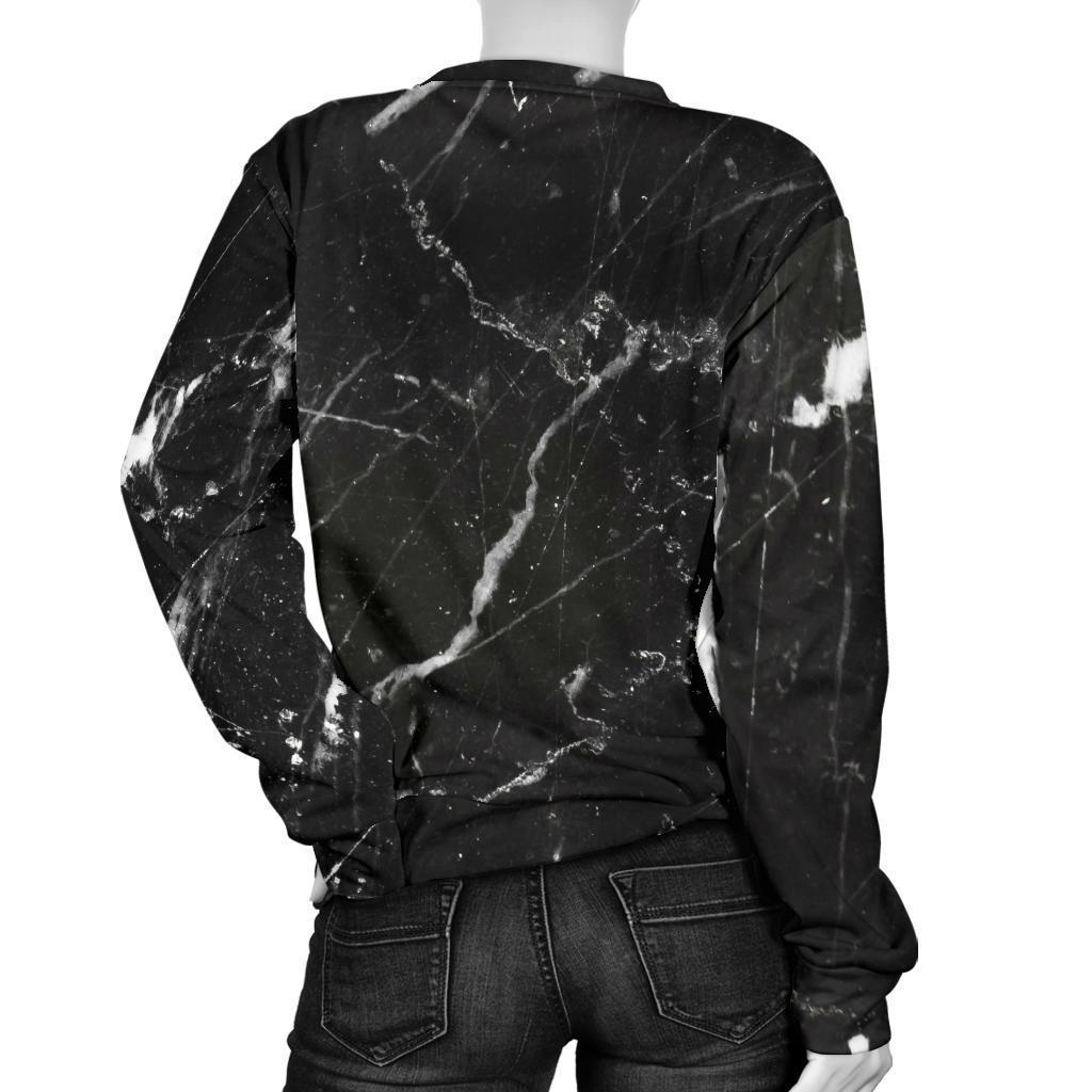 Black White Scratch Marble Print Women's Crewneck Sweatshirt GearFrost