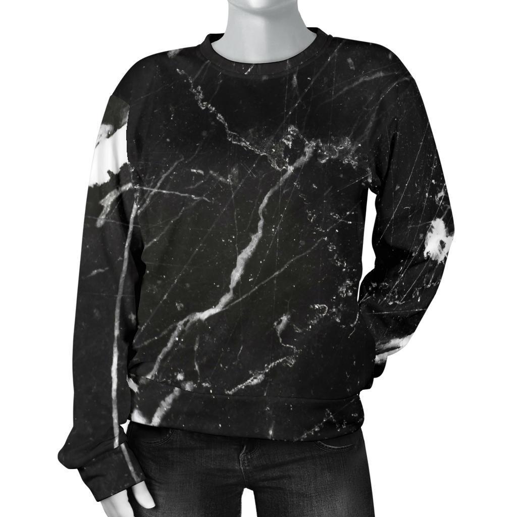 Black White Scratch Marble Print Women's Crewneck Sweatshirt GearFrost