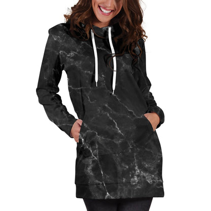 Black White Smoke Marble Print Hoodie Dress GearFrost