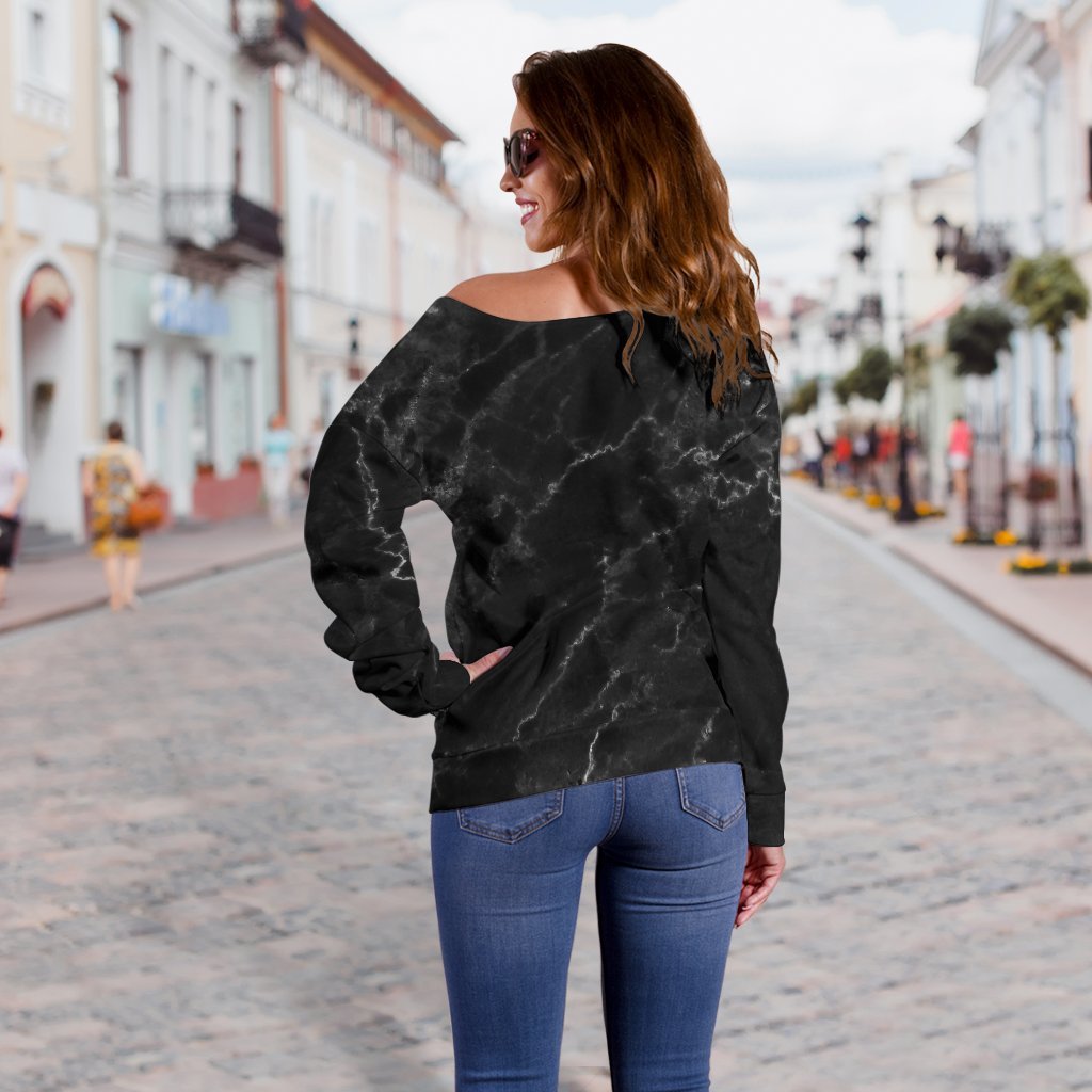 Black White Smoke Marble Print Off Shoulder Sweatshirt GearFrost